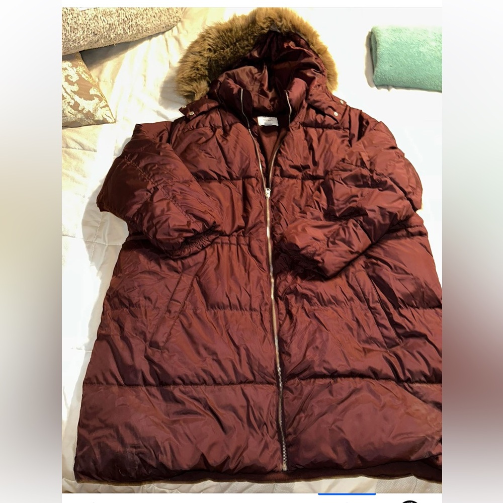 Old Navy Maroon Puffer Jacket with Faux Fur Hood